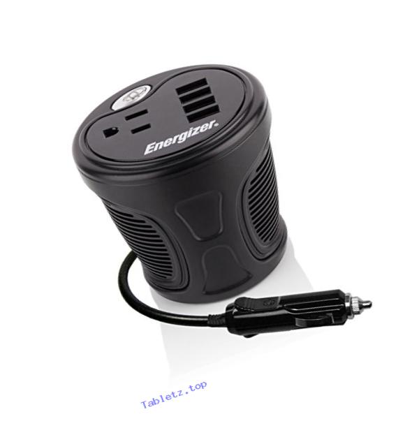ENERGIZER 120W Cup Inverter 12V DC cigarette lighter to 120V AC to power laptop notebook & more w/ 4 USB ports 2.1A shared compatible with iPad & more